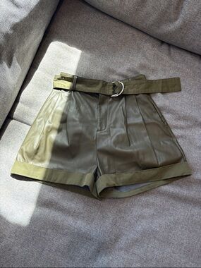 Guess Olive Green Faux-Leather High-Waist Shorts with Belt